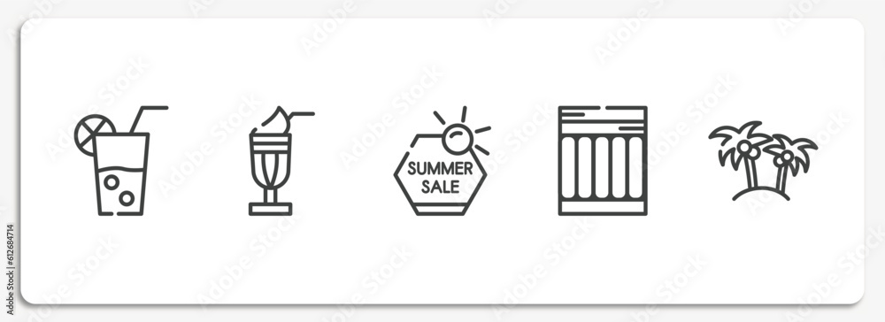 summer outline icons set. thin line icons sheet included lime juice, milkshake, summer sale, air mattress, island with palm trees vector. summer outline icons set. thin line icons sheet included lime juice, milkshake, summer sale, air mattress, island with palm trees vector.