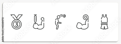 gym outline icons set. thin line icons sheet included bronze, steroids, head hitting, biceps curl, sport wear vector.