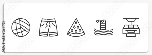 summer outline icons set. thin line icons sheet included beach volleyball, swimming trunks, slice of melon, swimming pool, funicular vector.