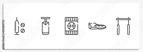 gym outline icons set. thin line icons sheet included doping, boxing bag, blue card, soccer boots, horizontal bar vector.