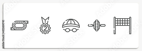 sport outline icons set. thin line icons sheet included race track, second place, swimming hat, electric unicycle, volleyball net vector.