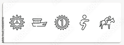 sports outline icons set. thin line icons sheet included crank, fishing boat, number one, squats, horse riding vector.