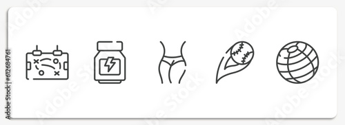 sport fitness outline icons set. thin line icons sheet included tactic, whey protein, slim body, strike, fitness ball vector.