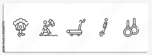 sports outline icons set. thin line icons sheet included skydiving, kitesurfing, treadmill hine, flyboard, gymnastic rings vector.