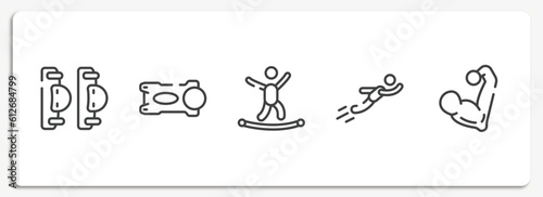 sport fitness outline icons set. thin line icons sheet included elbow pads, stem, highlining, free flying, muscular vector.