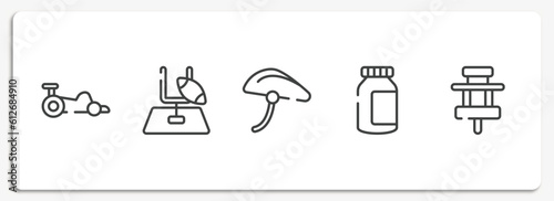 racing outline icons set. thin line icons sheet included kart racing, rugby goal, bike helmet, energy bar, paddock vector.