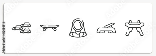 sports outline icons set. thin line icons sheet included apex, longboard, fencer, fitness step, pommel horse vector.