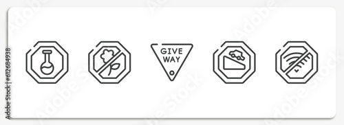 signal and prohibitions outline icons set. thin line icons sheet included substance, no picking flowers, give way, descending, no wifi vector.