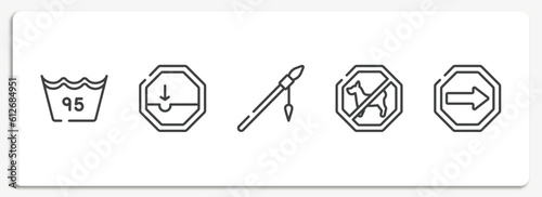 universal warning signals outline icons set. thin line icons sheet included null, pothole, native american spear, no dogs, one way vector.