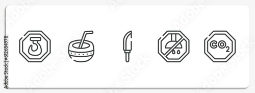 universal warning signals outline icons set. thin line icons sheet included hoist, kalabas, knife in sheath, no shower, co2 vector.