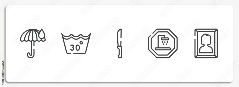 poi public places outline icons set. thin line icons sheet included rain umbrella, 30 degree laundry, strong knife, shower place, woman portrait vector. poi public places outline icons set. thin line icons sheet included rain umbrella, 30 degree laundry, strong knife, shower place, woman portrait vector.