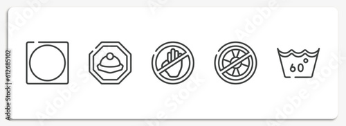 laundry instructions outline icons set. thin line icons sheet included circle inside square, mine site, no arms, no lifeguard, 60 degree laundry vector.