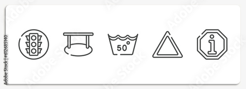 indications outline icons set. thin line icons sheet included round traffic, hanging, 50 degree laundry, any bleach, information vector.