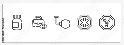 indications outline icons set. thin line icons sheet included pills jar, null, shield, phary, restaurant vector.