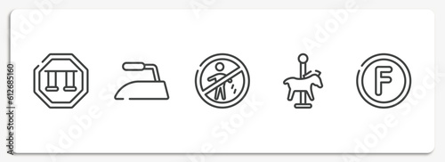laundry instructions outline icons set. thin line icons sheet included swings  iron low  no littering  carousel horse  petroleum solvent vector.