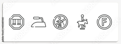 laundry instructions outline icons set. thin line icons sheet included swings, iron low, no littering, carousel horse, petroleum solvent vector.