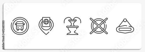 signals outline icons set. thin line icons sheet included school bus stop, inmigration check point, fountain, do not dry clean, hanging vector.