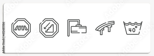 laundry instructions outline icons set. thin line icons sheet included crossing road caution, walking downstairs, rectangular, flyover bridge, 40 degree laundry vector.