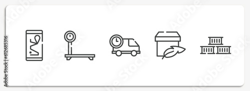 global logistics outline icons set. thin line icons sheet included smartphone online track, delivery scale, delivery delay, light weight, containers vector. photo
