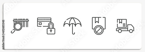 lineal logistic outline icons set. thin line icons sheet included barcode scan, card blocked, wet protect, prohibited, package on rolling transport vector.
