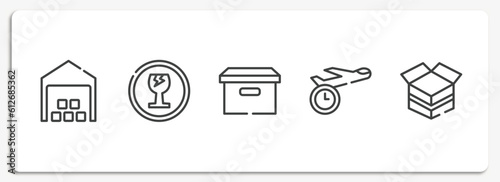 boxes outline icons set. thin line icons sheet included distribution center, fragile, cardboard box with lid, shipping by plane, open cardboard box vector.