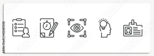 general outline icons set. thin line icons sheet included profile list, quiz, trackability, inspiration, user data vector.