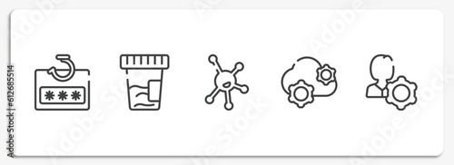 general outline icons set. thin line icons sheet included password phishing, urine test, organism, saas, user behavior vector.