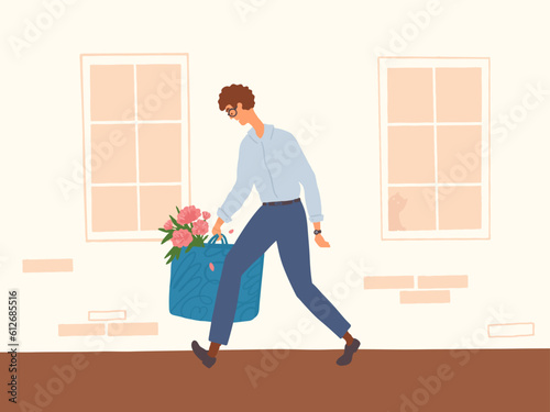 Man with glasses walking down sidewalk street holding in hand bag of flowers bouquet. Sad passerby rush hurries past windows building. Guy in shirt, trousers going home. City life vector illustration