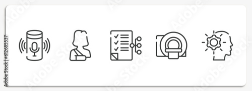 general outline icons set. thin line icons sheet included smart assistant, shoulder immobilizer, smart contract, mri scanner, realization vector.
