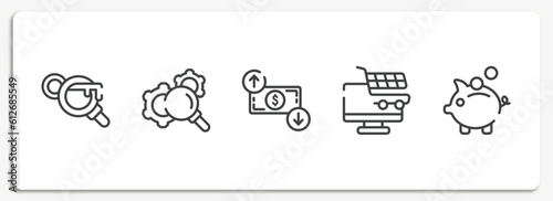 multimedia marketing outline icons set. thin line icons sheet included keyword search, gear with magnifying glass, dollar rates, e commerce, pig bank vector.
