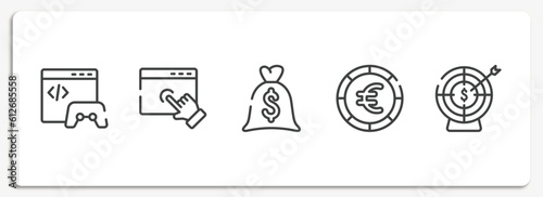 business and finance outline icons set. thin line icons sheet included game developing, web cursor, big dollar bag, round euro button, target with an arrow vector.