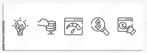 marketing and seo outline icons set. thin line icons sheet included eco lightbulb, data cloud, velocity test, currency search, monetizing vector.