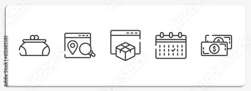 business and finance outline icons set. thin line icons sheet included women puser, place optimizer, web package, calendar event, big paper bill vector.