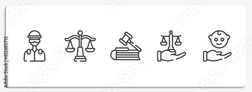 law and justice outline icons set. thin line icons sheet included , law balance, employment law, justice scales in hand, child custody vector.