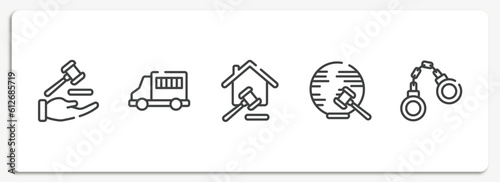 law and justice outline icons set. thin line icons sheet included qualified protection, prisoner transport vehicle, property and finance, international law, criminal law vector.