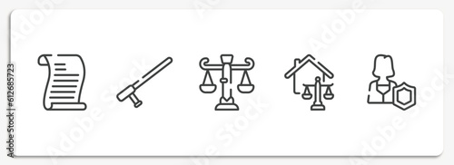 law and justice outline icons set. thin line icons sheet included scroll with law, baton, business law, real estate custody vector.