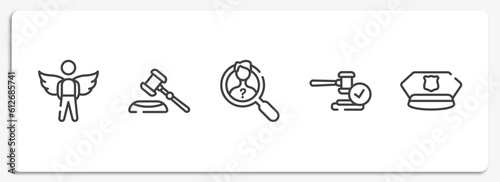 law and justice outline icons set. thin line icons sheet included innocent, gavel, investigation, veredict, police cap vector.