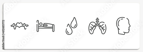 body parts outline icons set. thin line icons sheet included pulse line, human sleeping on bed, sweat or tear drop, lungs with the trachea, male with bald hair side view vector.