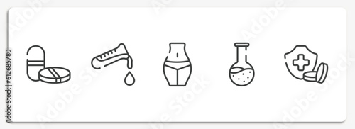 medicine and health outline icons set. thin line icons sheet included tablet and capsule medications, test tube, flask and drop of blood, female hips waist, test tube flask, health insurance or
