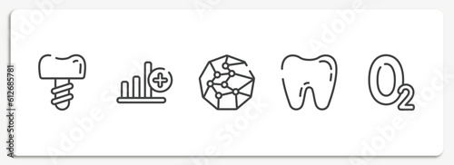 medicine and health outline icons set. thin line icons sheet included dentist tooth with metallic root, bar graph with a cross, spheres connected by lines, tooth, oxygen vector.
