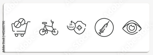 medical icons outline icons set. thin line icons sheet included phareutical delivery, bicycle healthy transport, 24 hours medical assistance, drug abuse, human eye shape vector.