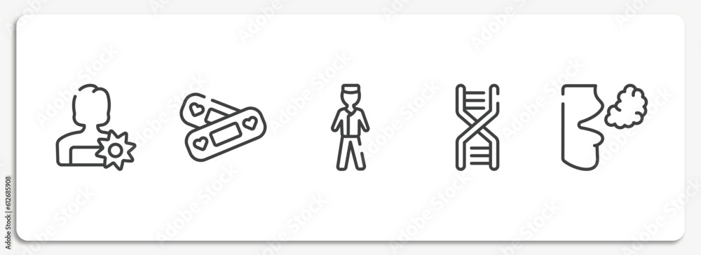 dental outline icons set. thin line icons sheet included woman with flower, lovely aid band, male surgeon wearing uniform, chromosome string, bad breath vector.