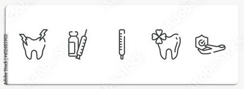 insurance outline icons set. thin line icons sheet included hypersensitive, syringe with medication, thermometer reading temperature, trebol, travel insurance vector.