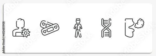 dental outline icons set. thin line icons sheet included woman with flower, lovely aid band, male surgeon wearing uniform, chromosome string, bad breath vector.