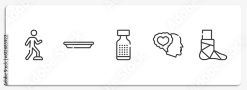 physiotherapy outline icons set. thin line icons sheet included rehabilitation, surgical tray, homeopathy, feelings, broken leg vector.