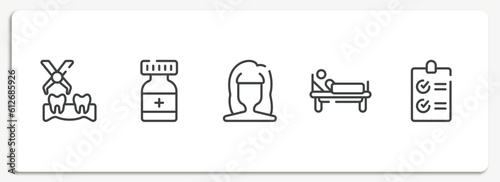 health outline icons set. thin line icons sheet included extraction, medicine container, woman dark long hair shape, patient in hospital bed, checked list vector.