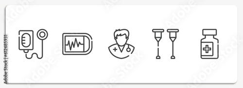 medical services outline icons set. thin line icons sheet included intravenous saline drip, ekg monitor, doctors, crutches, drug container vector.