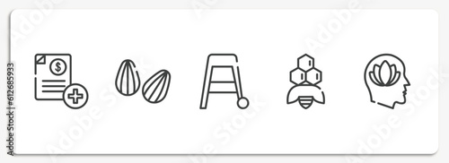 psychology outline icons set. thin line icons sheet included medical invoice, almond, walker, apitherapy, peace of mind vector.