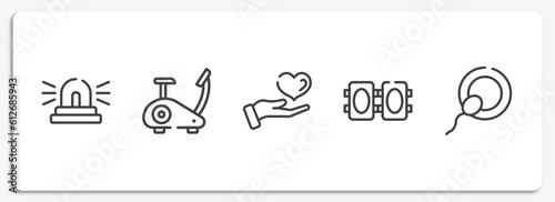 biochemistry and medicine outline icons set. thin line icons sheet included ambulance lights, stationary bike, medical care, knee pad, insemination vector.
