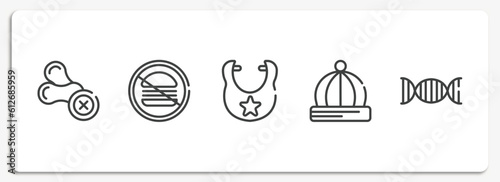 therapy outline icons set. thin line icons sheet included allergenic, no junk food, bib, baby hat, genes vector.